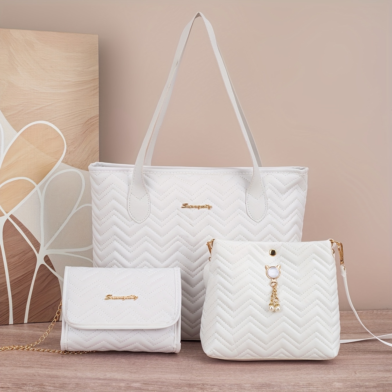 New Women's Casual Minimalist Set Includes Logo Tote Bag, Cat Bucket Shoulder Bag, Small Chain Crossbody Phone Bag, 3pcs Combination