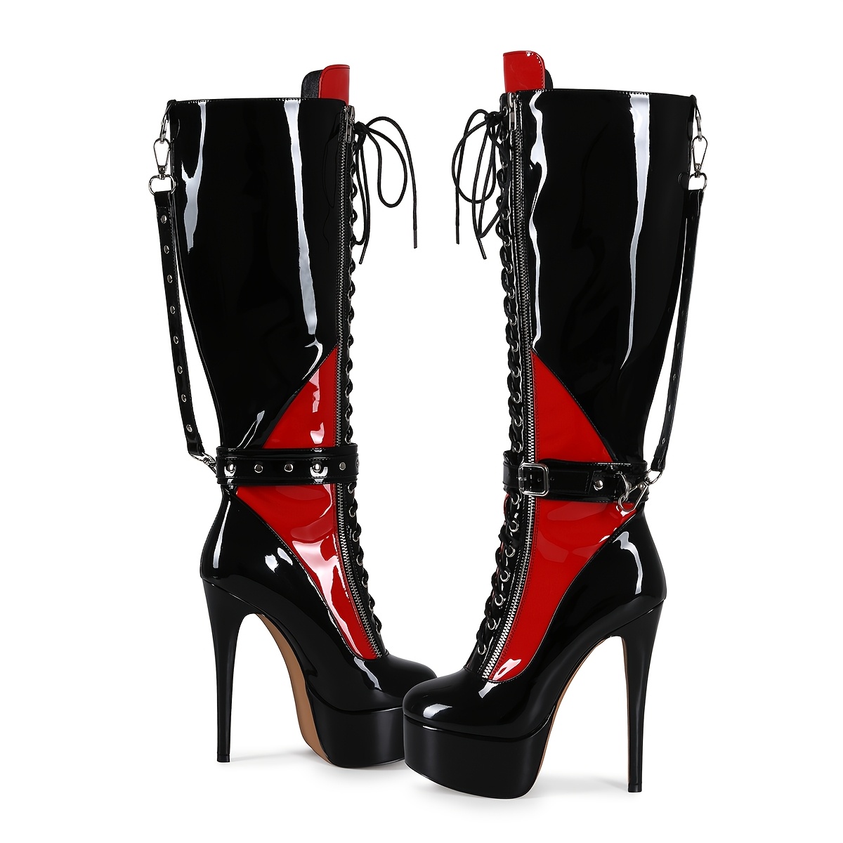Image of Women's Color Block Round Toe Strappy High Heel Zipper Knee High Boots, Women Shoes