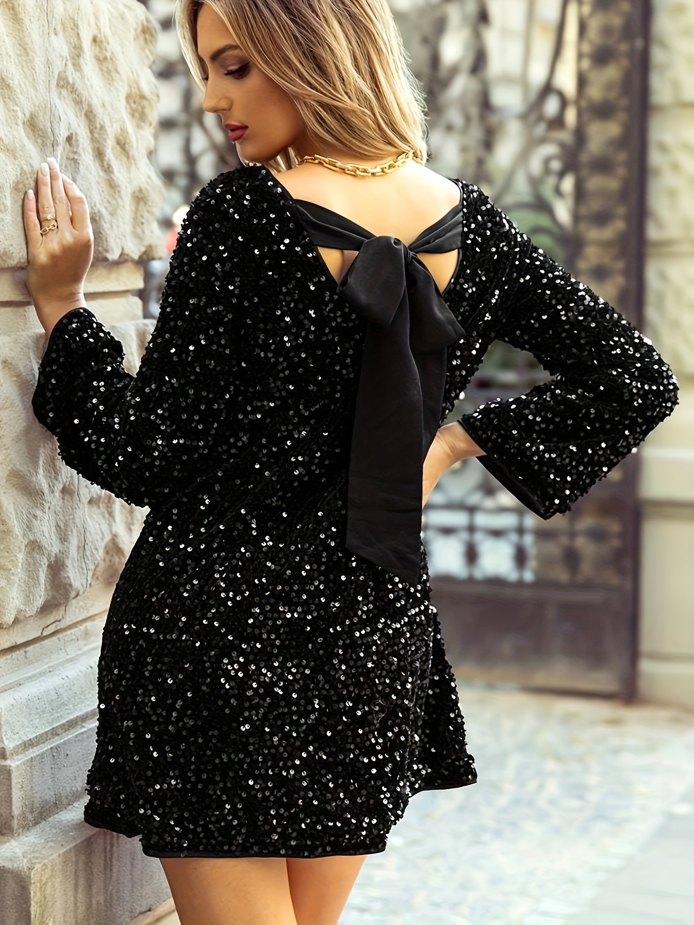self portrait black crepe diamante mini dress Black Cut Out Long Sleeve Bodycon Mini Dress main image 1