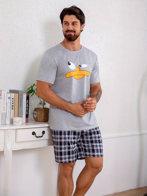 2pcs mens casual short sleeve t shirt and shorts set patterned print crew neck pullover with stretch summer pajama set