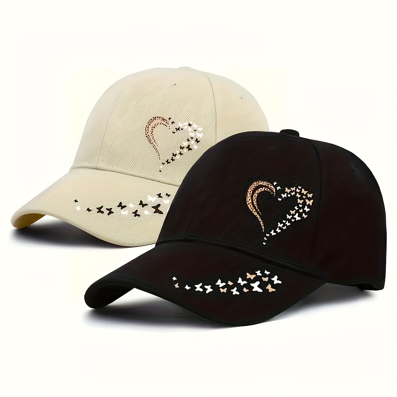 TEMU 2pcs Shiny Heart-shaped Print Cap - Fashionable Red And Black Outdoor Sports Hat | Beaded Decor Unisex Helmet Cover | Suitable For Outdoor