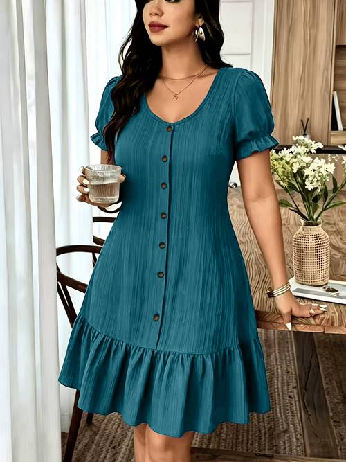 imagen del artículo vestido casual de moda para mujer, estilo francés, con , botones frontales y dobladillo con volantes