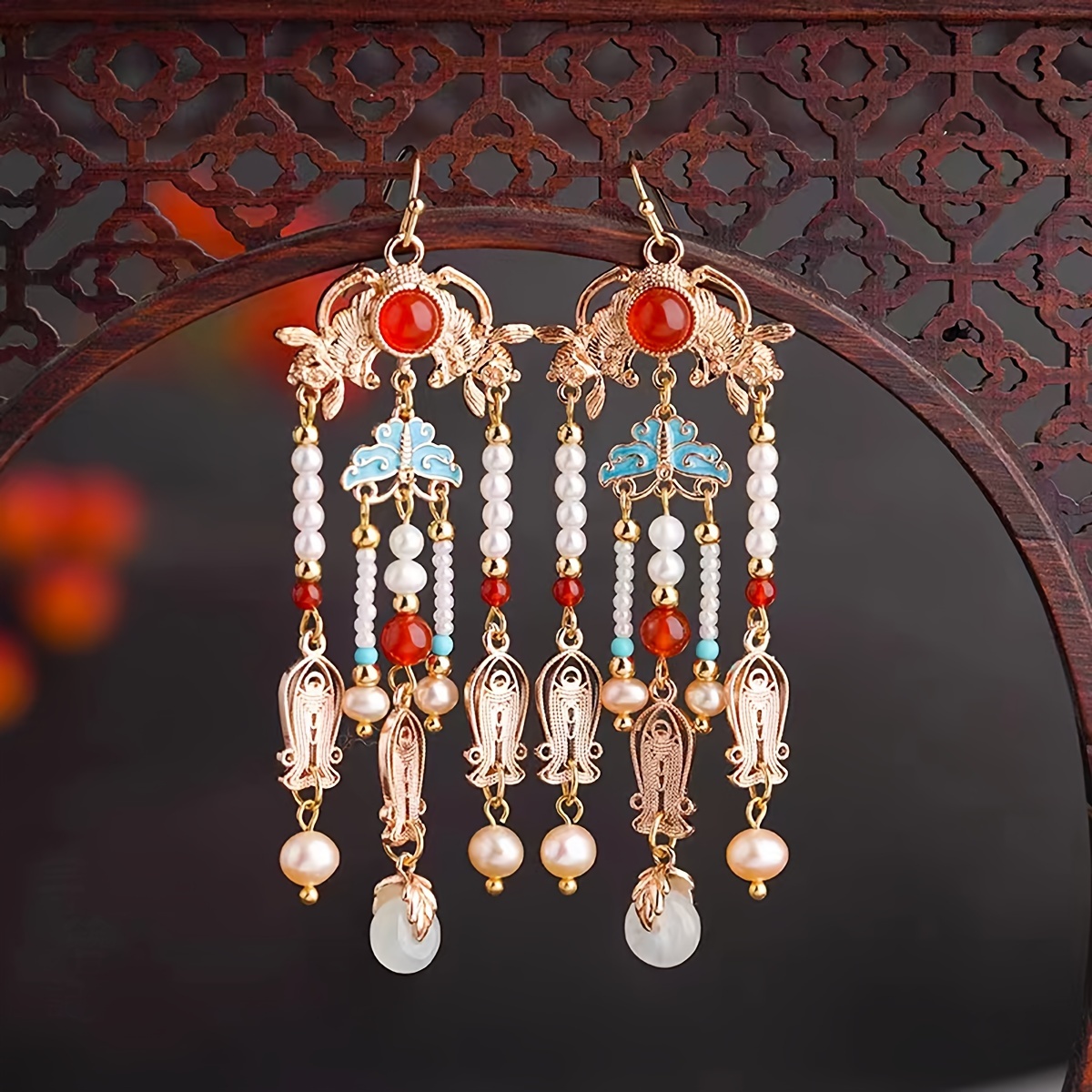 

Pair Of Elegant Hanfu-inspired Tassel Drop Earrings With Vibrant Beads & Pearls - Golden- Alloy, /parties, Statement Piece, Novelty Earrings