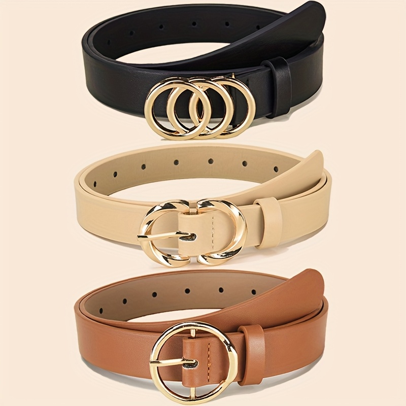 3pcs Women'S Fashion Belt Set, Minimalist Fashion Geometric * Three-*  Double-* And Single-* Alloy * with Solid Color Belt, Classic Versatile  Style, Suitable for Jeans, Dresses, Is a Daily *