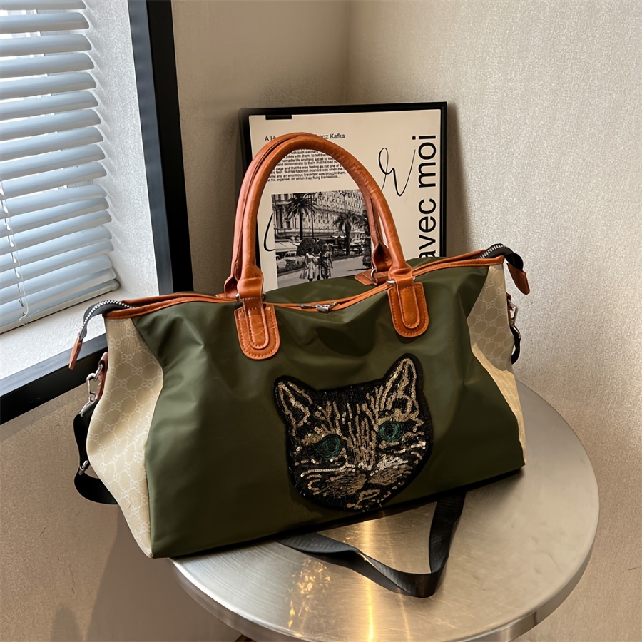 large capacity sequins cat pattern luggage handbag versatile portable duffle bag short distance zipper storage bag details 4