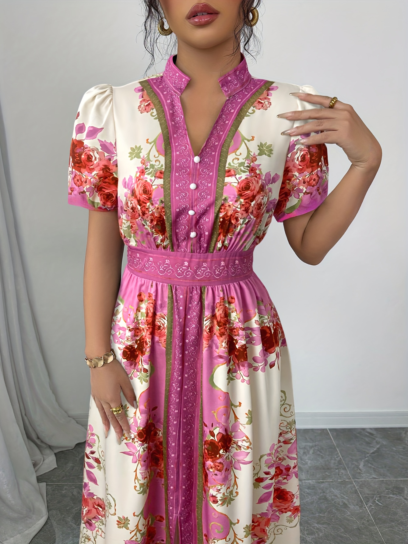 womens floral print elegant a line dress with stand up collar puff short sleeves machine washable summer long dress with side   regular fit for casual formal occasions cute dresses Product details 7