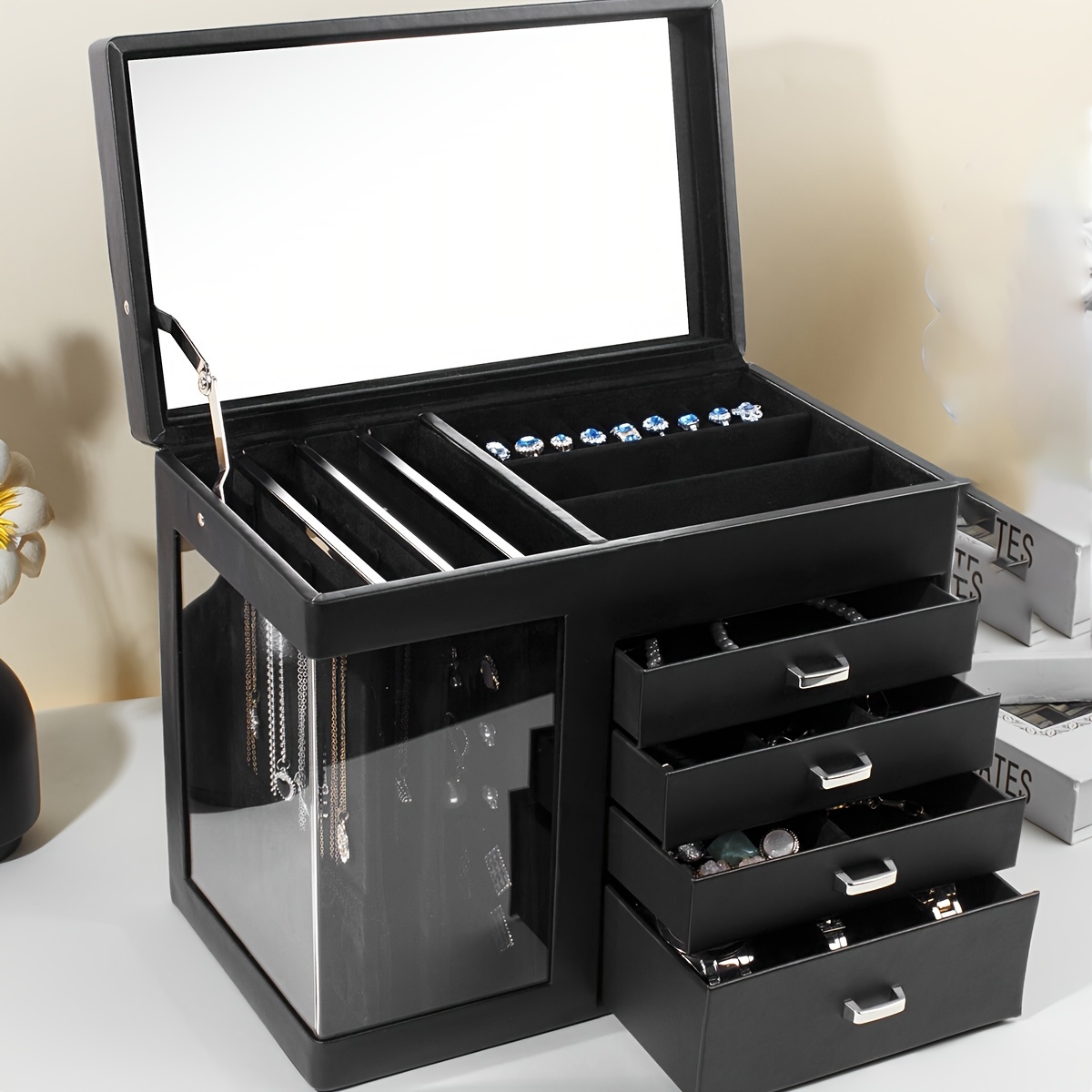 a large 5 layer jewelry organizer for women with a transparent window a storage box for necklaces and jewelry featuring 4 drawers   for thanksgiving halloween valentines day or christmas for your wife or girlfriend jewelry boxes Product details 7