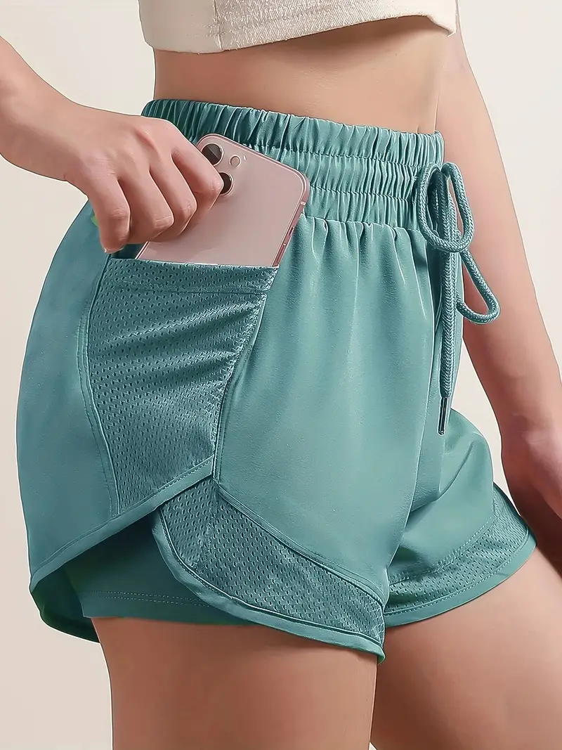 womens 2 in 1 shorts dry mesh pockets elastic waistband drawstring comfortable fitness gym workout shorts details 11