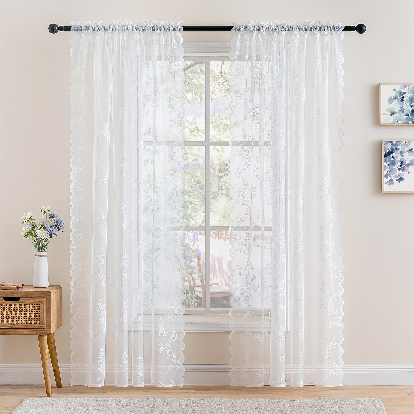 

Romantic Lace Sheer Curtain For Balcony And Office, Translucent Window With Floral Pattern, Machine Washable Polyester, Rod - 1pc