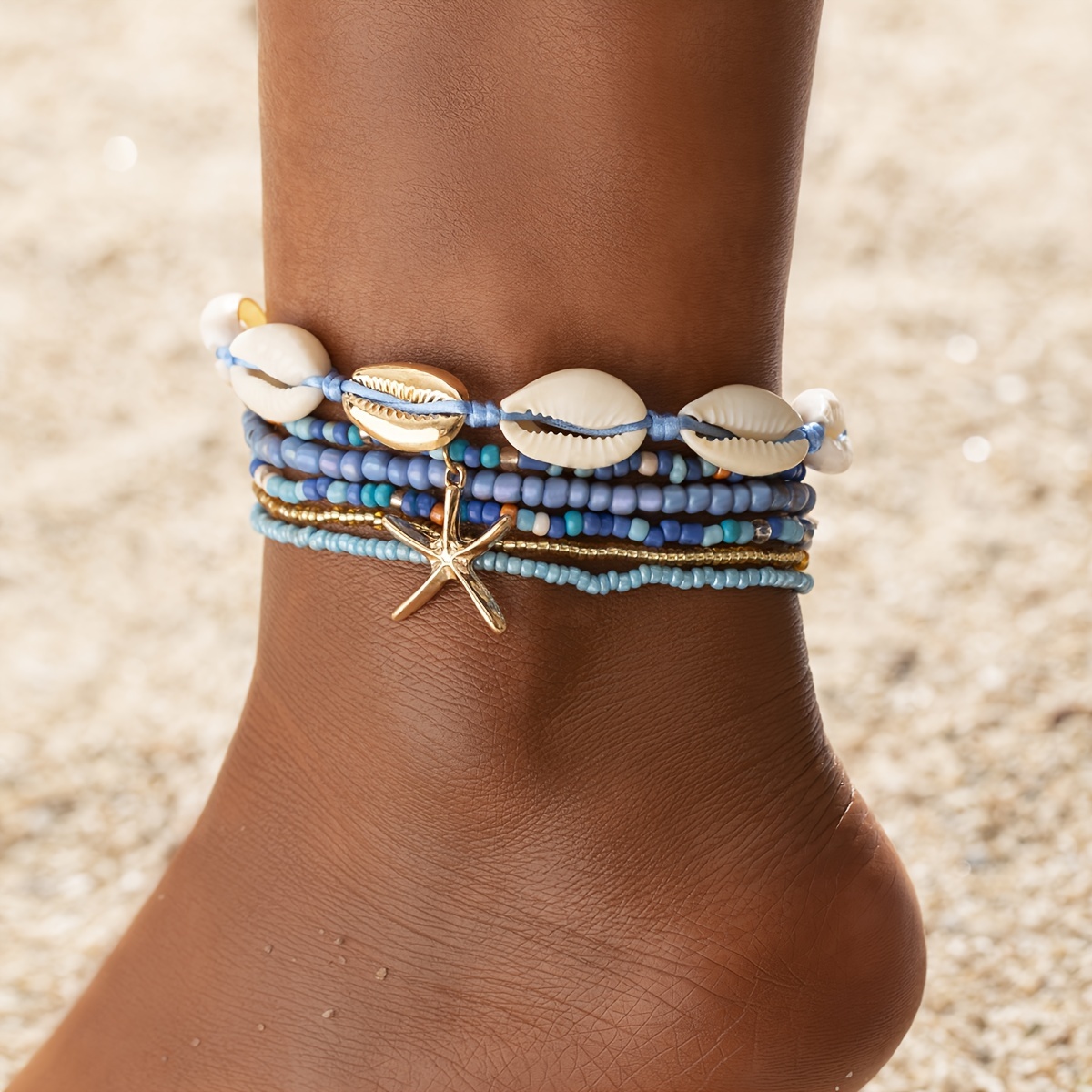 

6pcs/set Holiday Style Imitation Shell Starfish Pendant Beads Women's Stacking Anklets