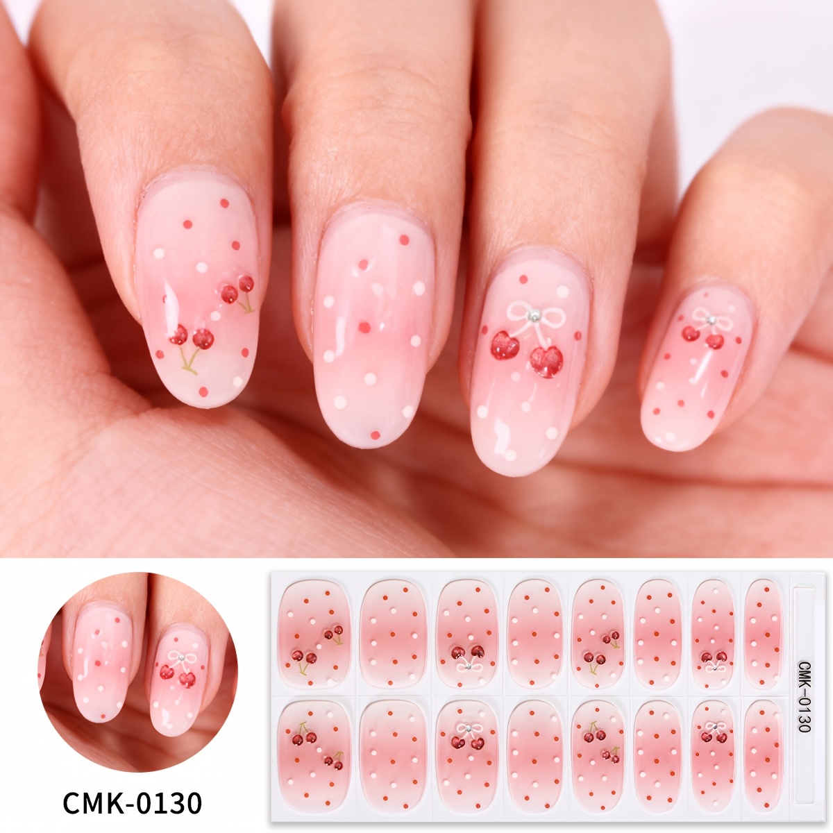 Image of 16pcs Free Gel Nail Wraps, Pink Nail Bow Cherry Polka Dot Gel Nail , No Damage, Protects Natural Nails, Easy To Apply And Remove, Suitable For Women's Home Diy Nail Art Stickers