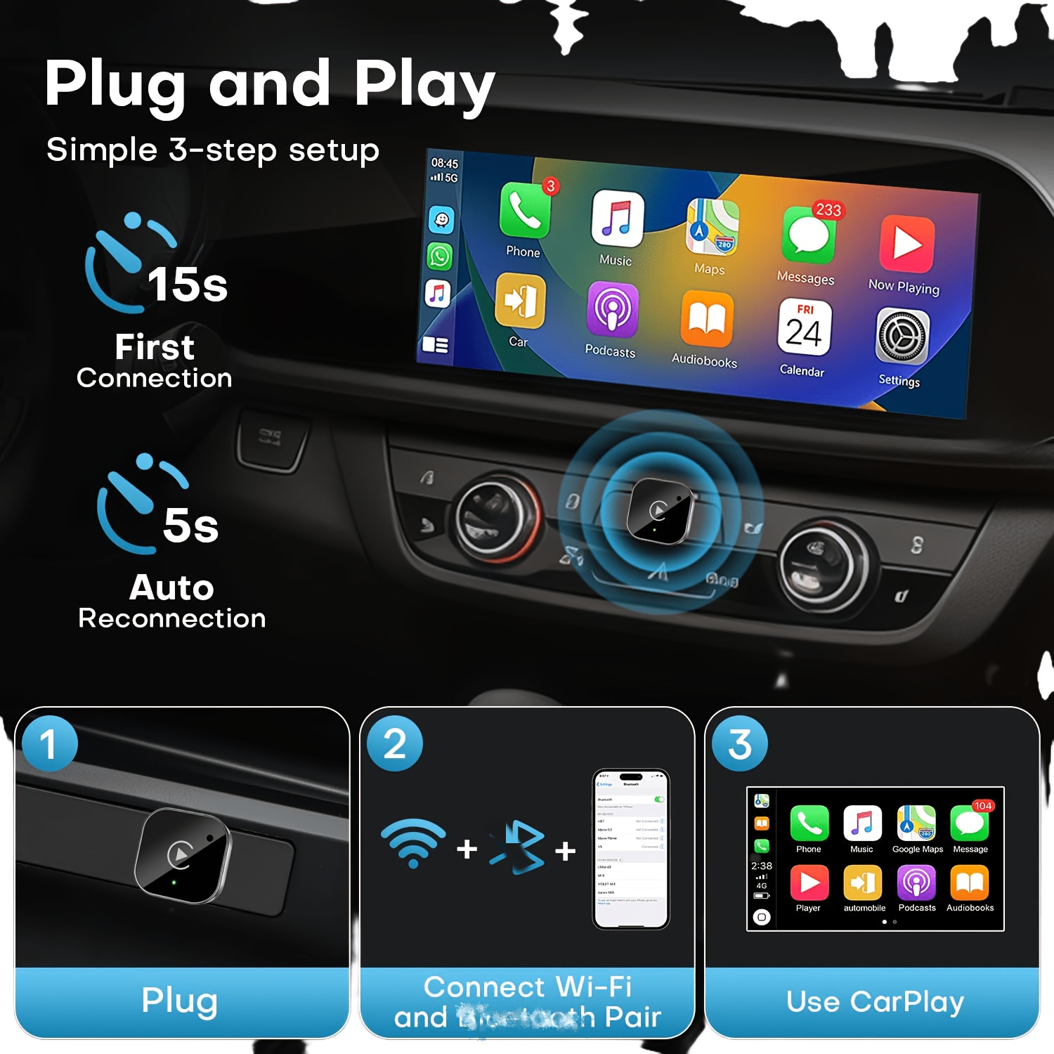 item picture 2026 car play wireless adapter and   auto converter 3in1 without battery