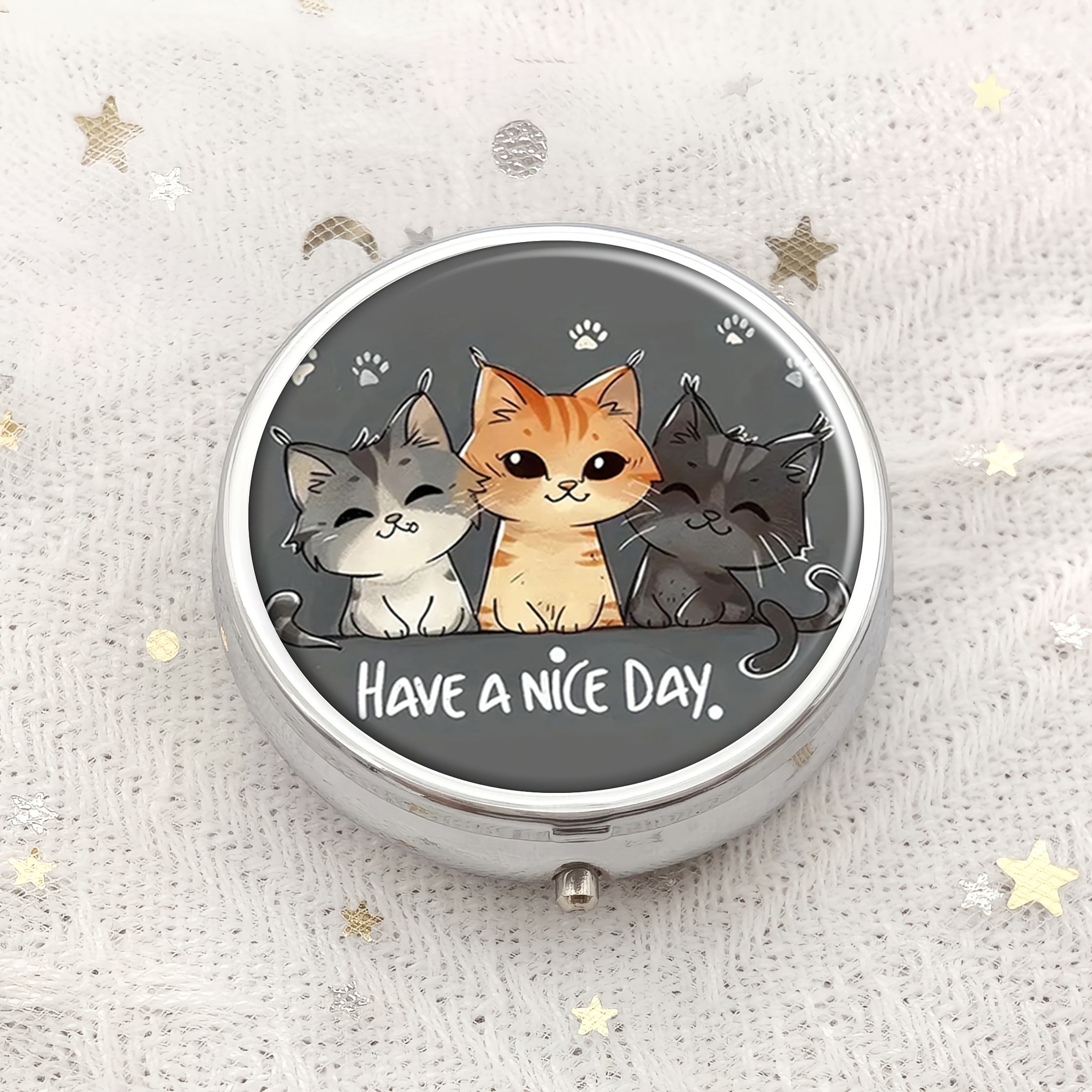 Image of Kitten Themed Portable Pill Box - Metal Medicine And Vitamin Storage Box, Suitable For Bags Or Pockets, Unique Gift Design