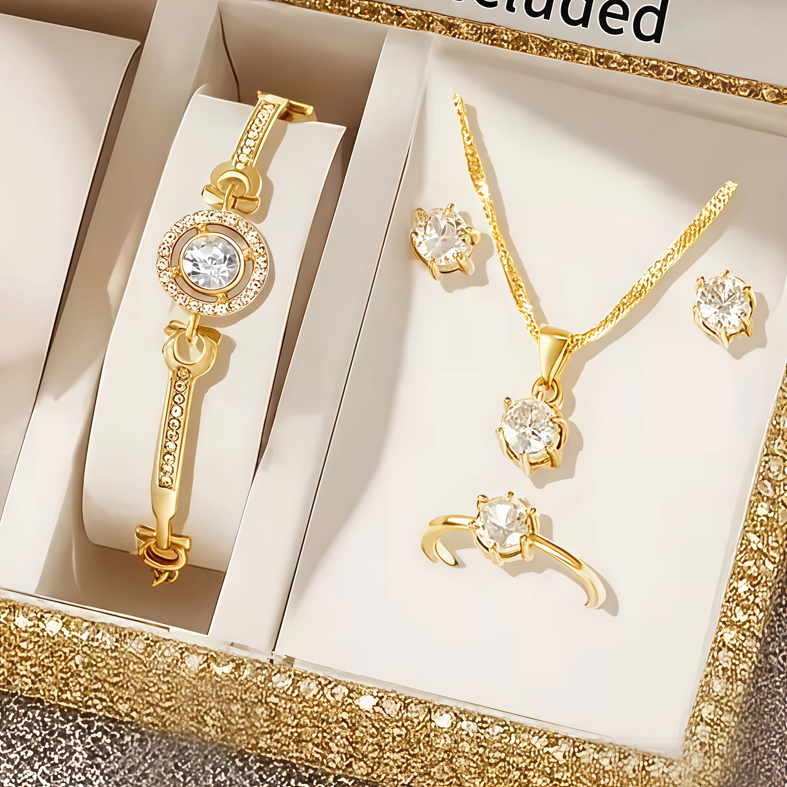 TEMU Ensemble de 4 pièces de bijoux luxueux et élégants pour femme, comprenant 1 bracelet, 1 collier, une paire de boucles d'oreilles et une bague,