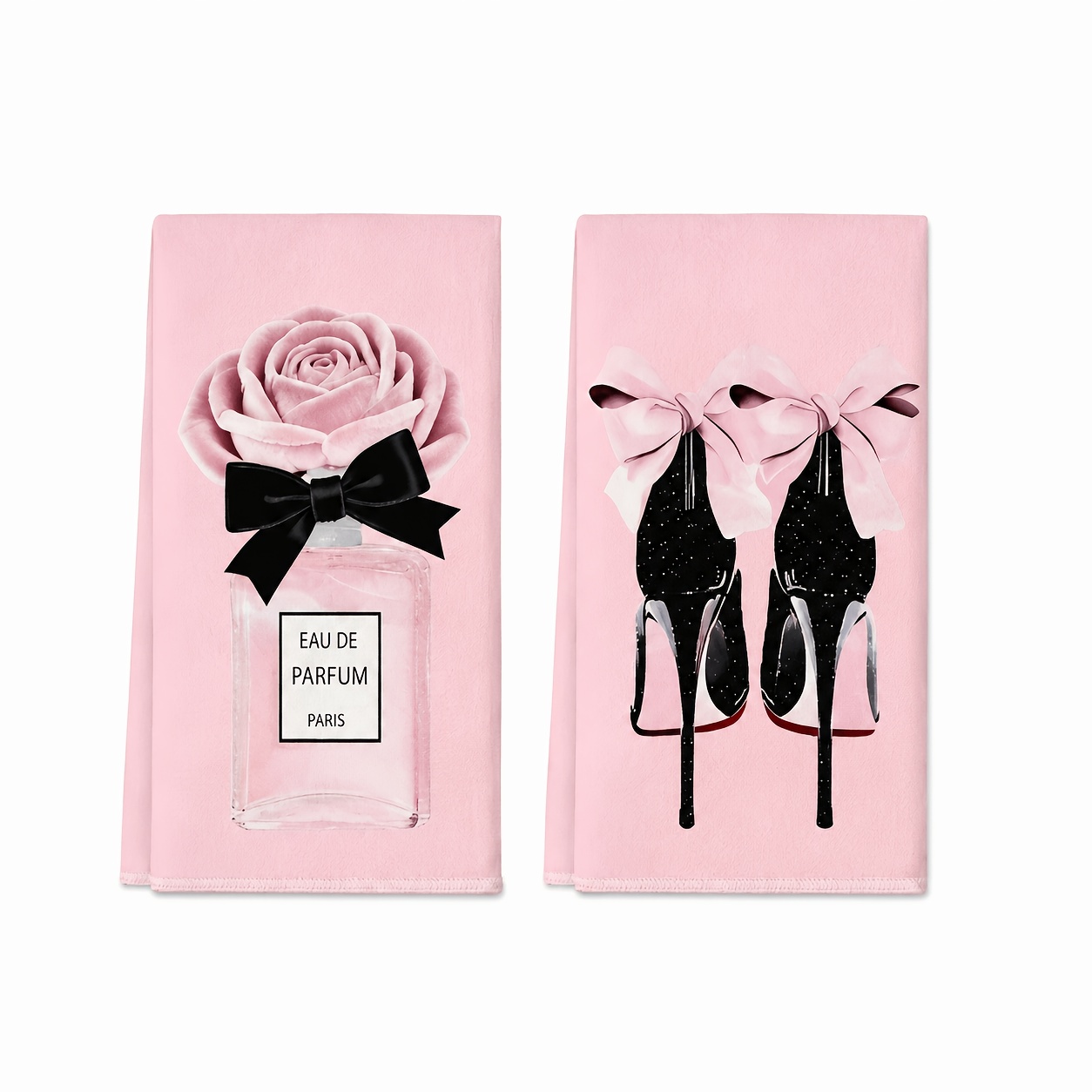 TEMU 2-pack Microfiber Dish Towels | Soft And Absorbent, 16x24 Inches, With Pink Rose Perfume Bottle And Black High Heel Shoe Pattern, Ideal For