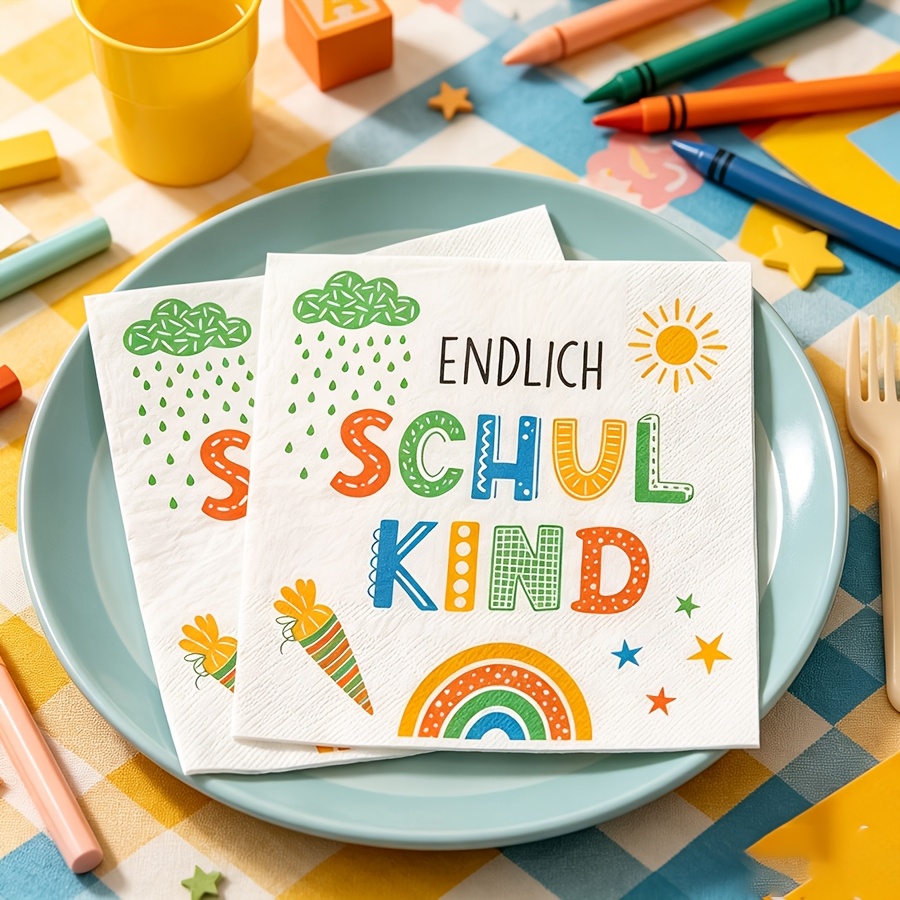 Image of 20pcs Theme Party Napkins, School Bag With German Text, Decorative Napkins, Suitable For School Entrance Party, School And Birthday Party, For Table Decoration Use For School For Halloween、christmas