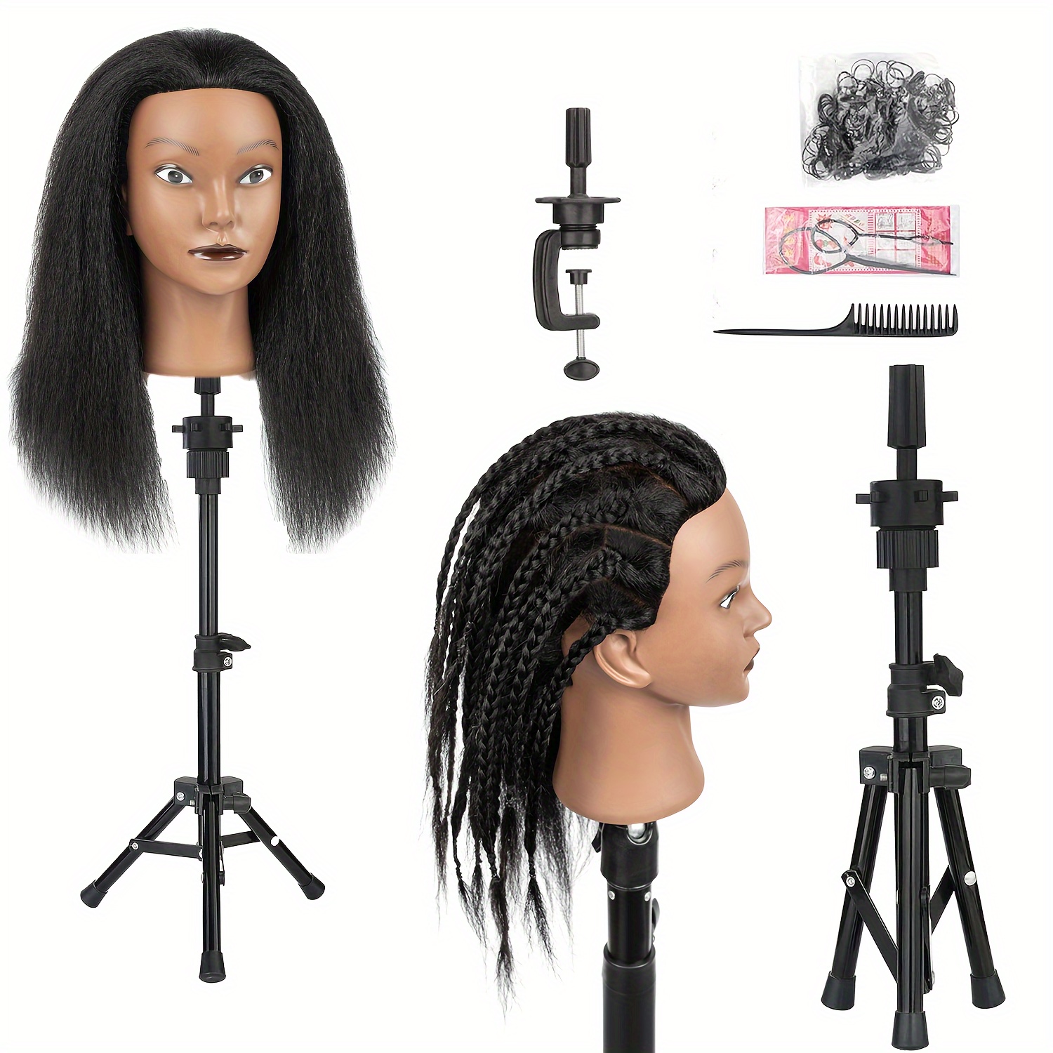 

16" Afro Mannequin Head With Tripod Stand, Hairdressing Training Practice Head, For Colouring, And Braiding, Mannequin Head With Wig Stand Tripod, Table Clamp, Hair Comb