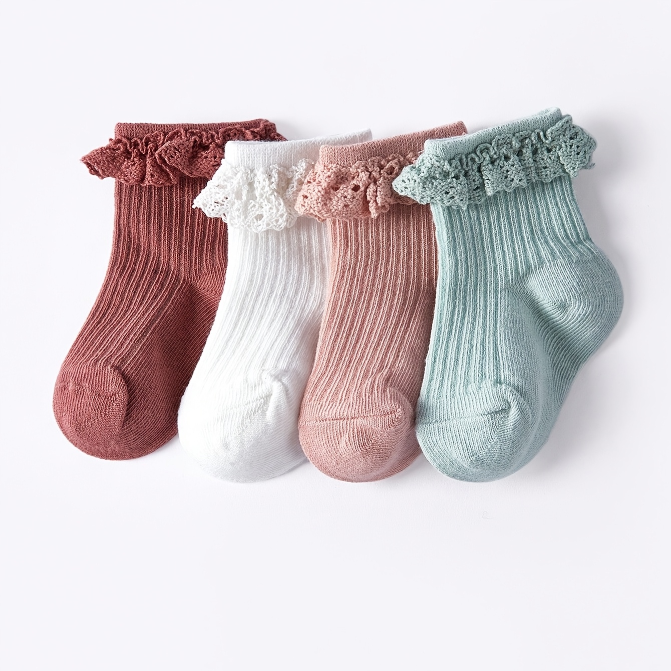 4 Pairs of Colorful Striped Ruffled Mid-Calf Socks for Baby Girls, Suitable for Spring, Summer, And Autumn