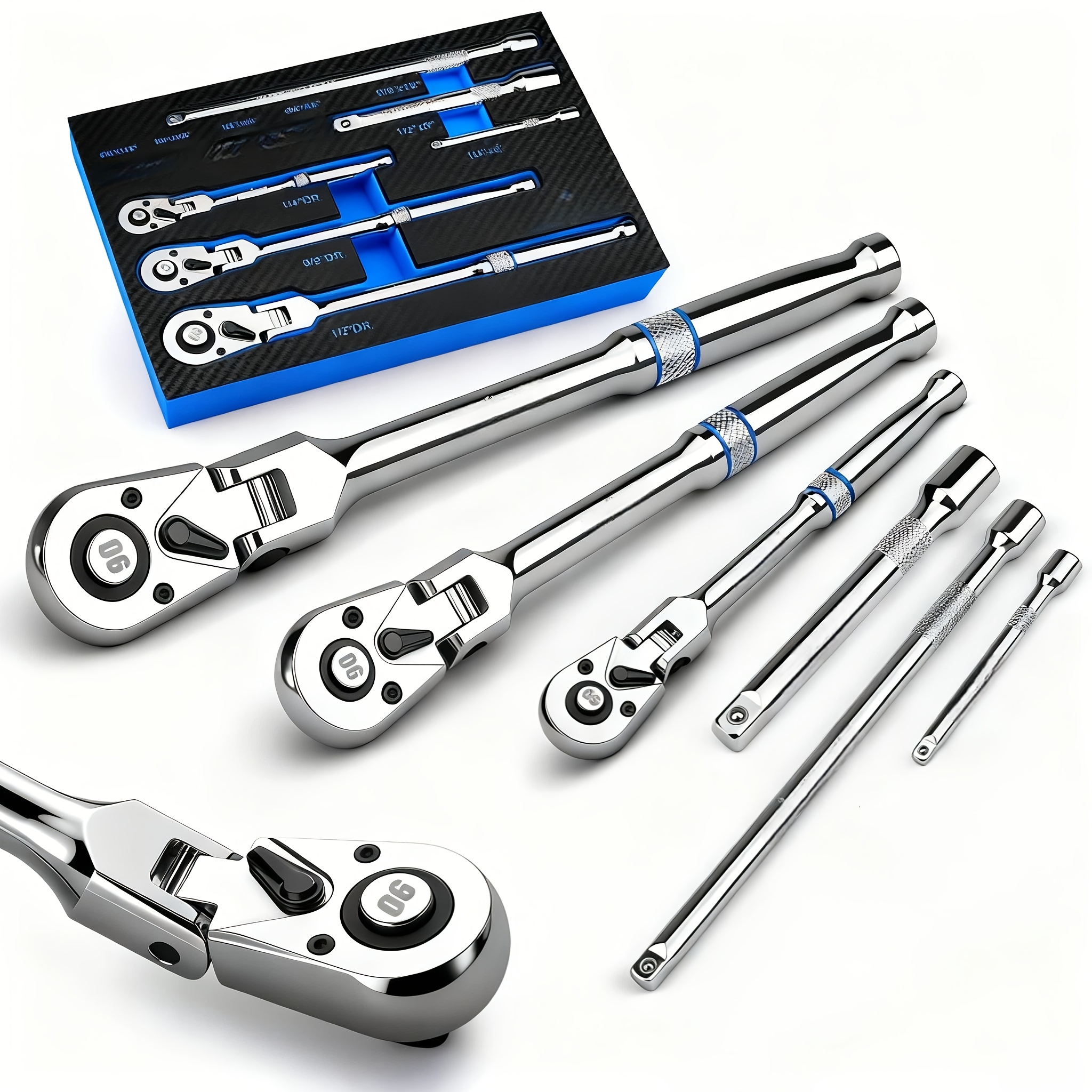 TEMU 6pcs/3pcs Twist Head Ratchet Set, 1/4", 3/8", 1/2" Drive, Twist Head Ratchet Wrench With Extension Bar, 72 Teeth, 180&deg; Adjustable, Quick Release, Flexible Ratchet Handle With Eva Foam.