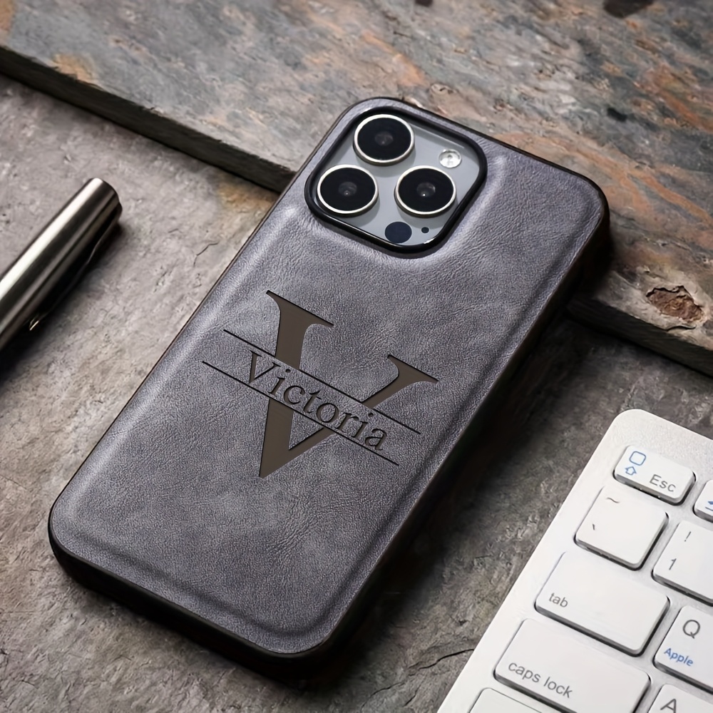 TEMU Phone Case - Luxury Personalized Case For Iphone 18 17 16 15 14 13 12 11 Pro Max Customized Initials Name Laser Engraving Lambskin Faux Leather