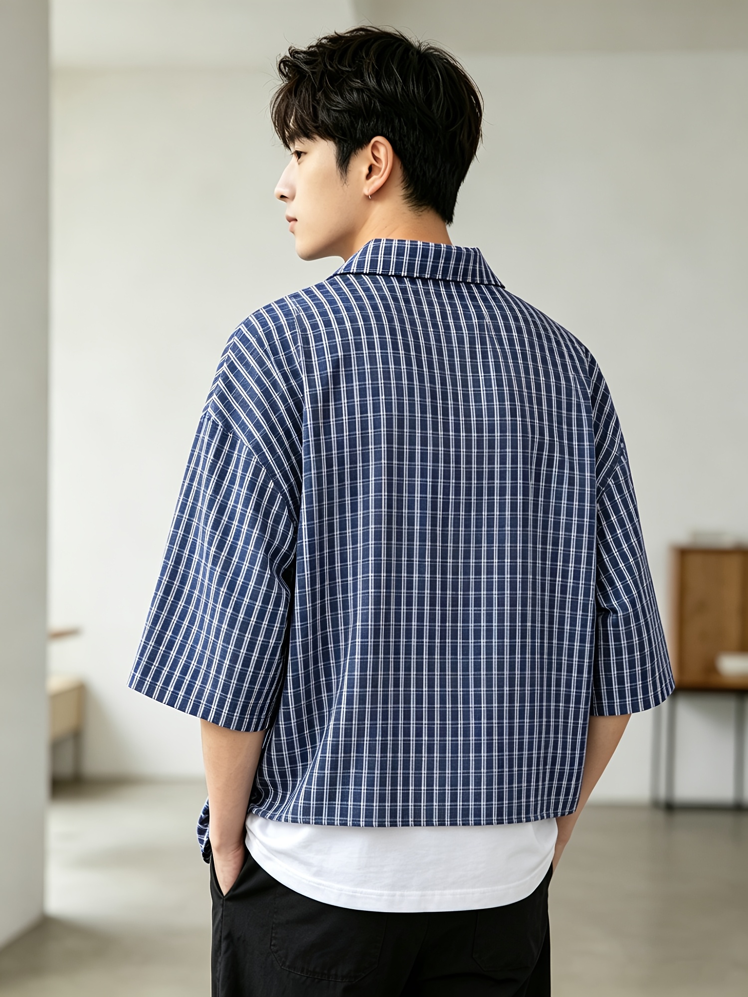   and white checkered shirt mens loose fit versatile casual cropped shirt top