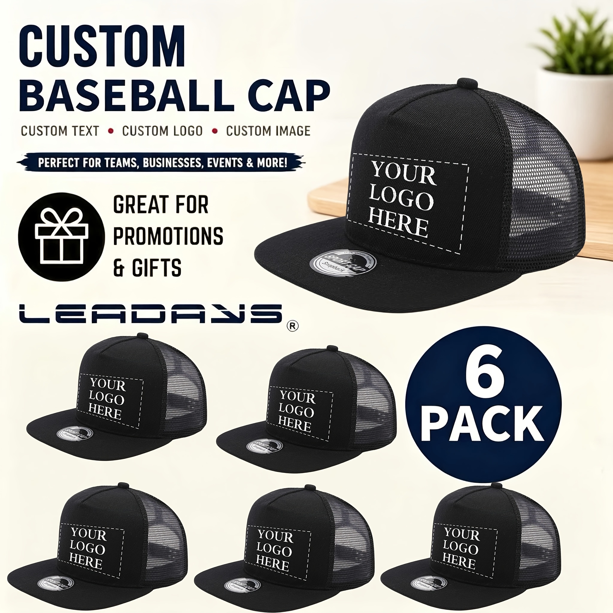 TEMU 6pcs Personalized Custom Logo Washed Trucker Hat - Breathable Tennis Hat With Adjustable Back Closure, Perfect For Outdoor Activities And