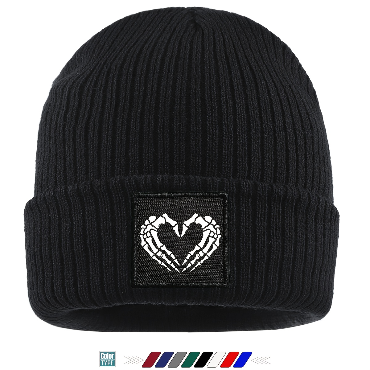 TEMU 1pc Halloween Skull Heart Patch Knitted Hat, Fun Beanie For Men And Women, Lightweight And Foldable, Solid Color And Striped Dad Skull Cap, Warm