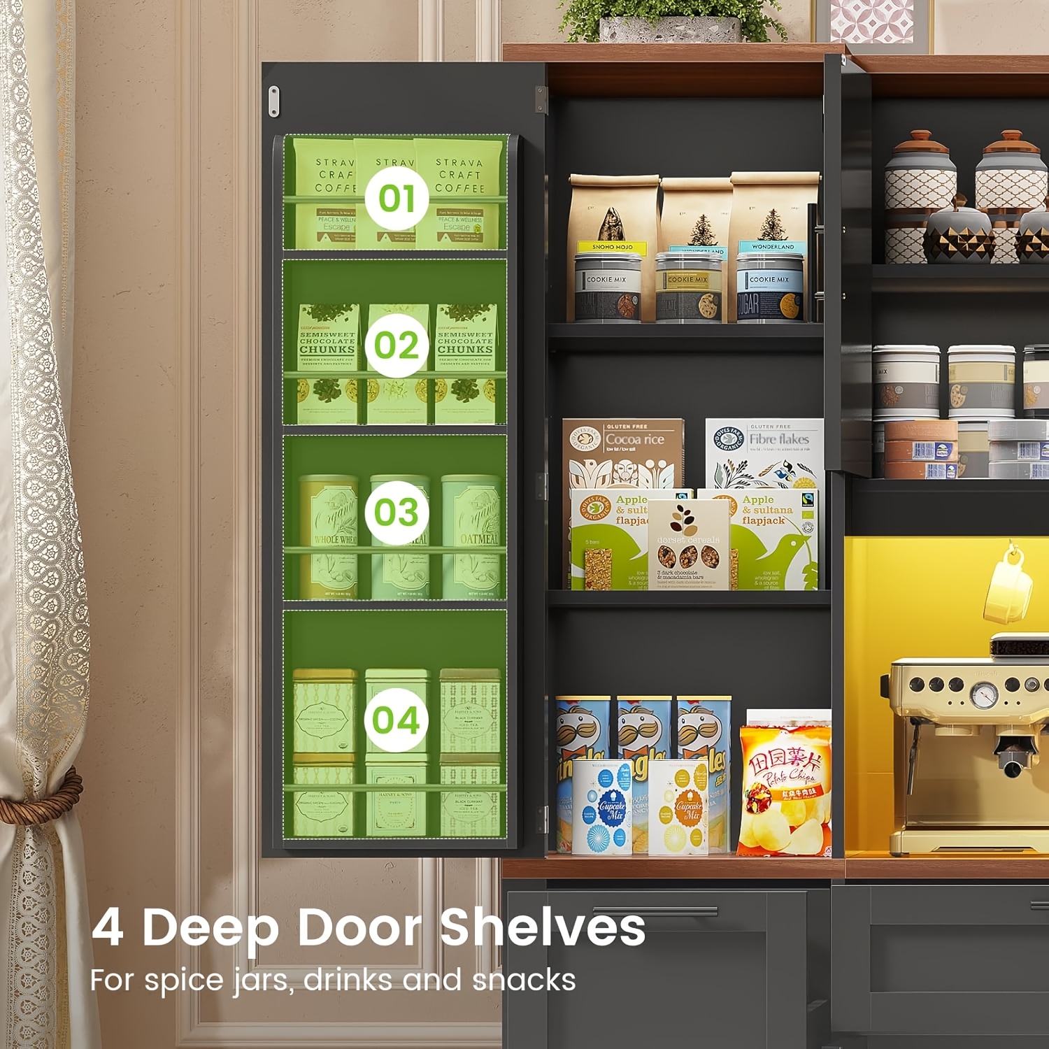 71 Inch Kitchen Pantry Cabinet with LED Lights And Charging Station, 59 Inch Wide Wooden Storage Cabinet with 2 Drawers, 8 Doors, 3-Tier Storage Cart, And 4 Door Shelves, Pantry Storage Cabinet with Microwave Stand for Dining Room, Black, White