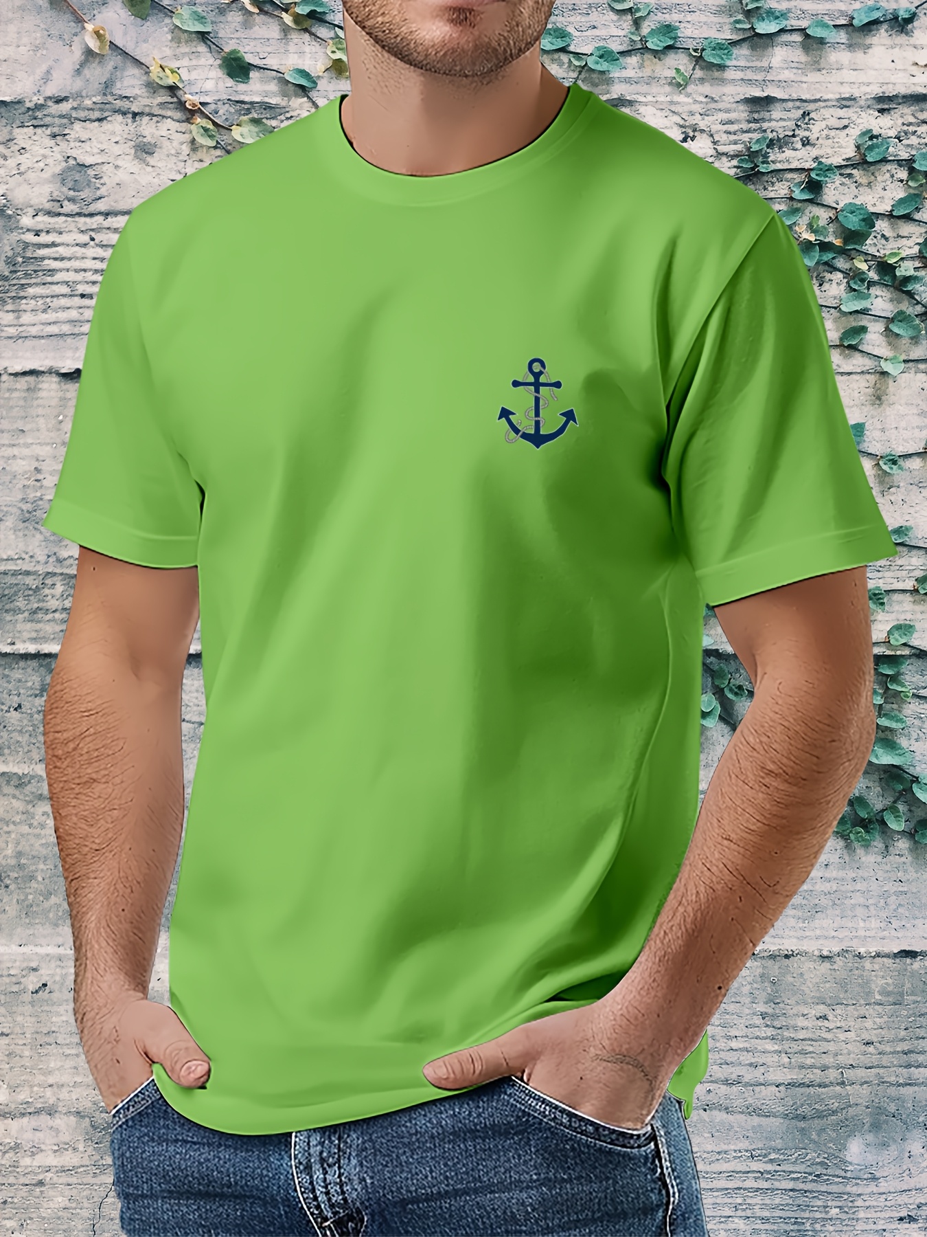 Men'S Nautical Anchor Graphic T-Shirt - Light Green Maritime Tee, Regular Fit Casual Shirt for Everyday & Nautical Themes - Breathable Everyday Essential, Nautical T Shirts, Classic Round Neck, Comfortable Fabric, Short Sleeve Top, Outdoor Enthusiasts, Weekend Wear, Minimalist Design, Soft Material, Print Tee, Outdoor Lovers