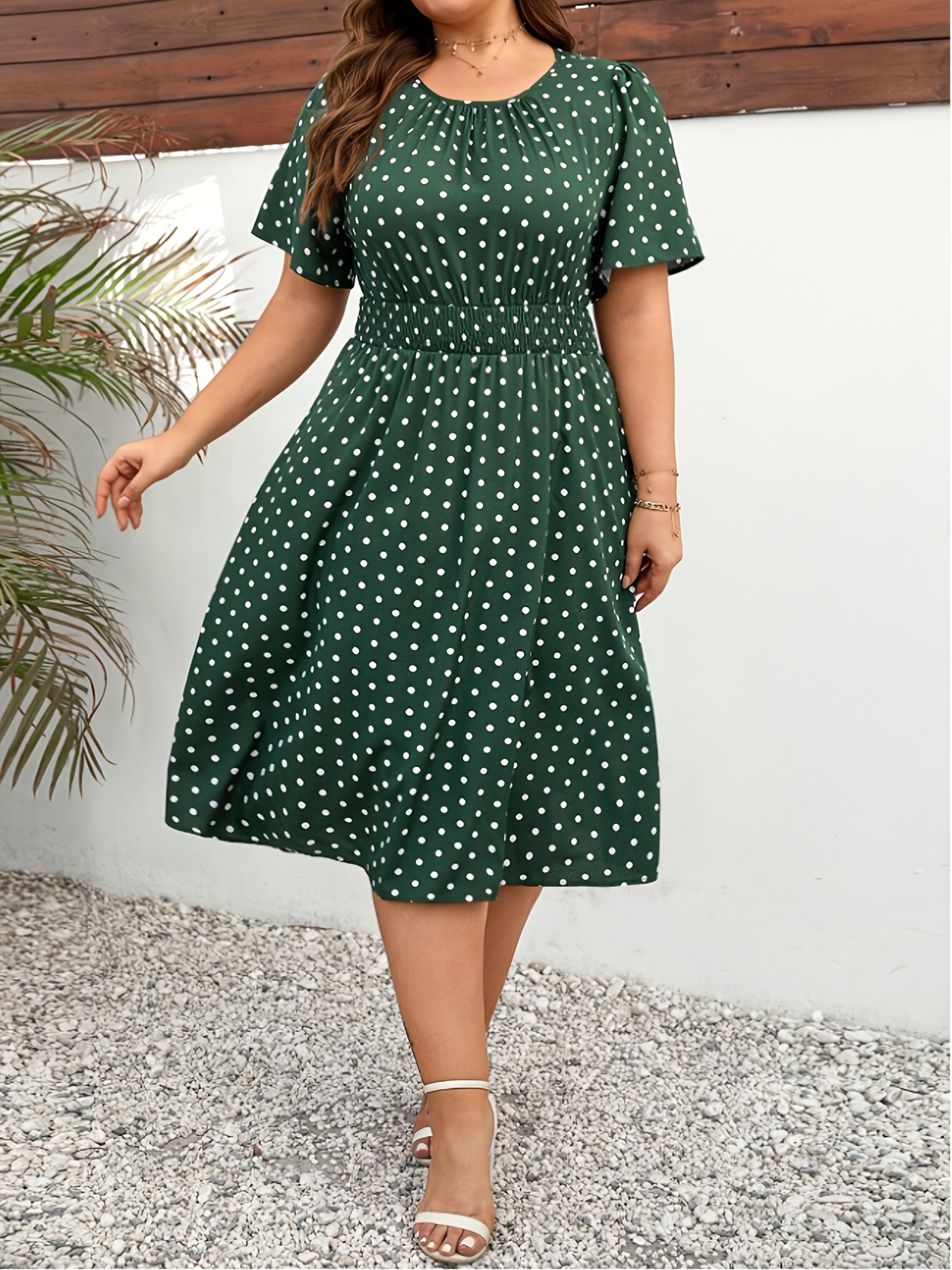 plus size dames elegante stippenprint jurk met elastische tailleband - marineblauw & witte geplooide details, potloodrok silhouet, machinewasbaar voor lente zomer herfst, seizoensmode,   kleding, ronde halslijn, niet-doorschijnende stof, comfortabele pasvorm 2