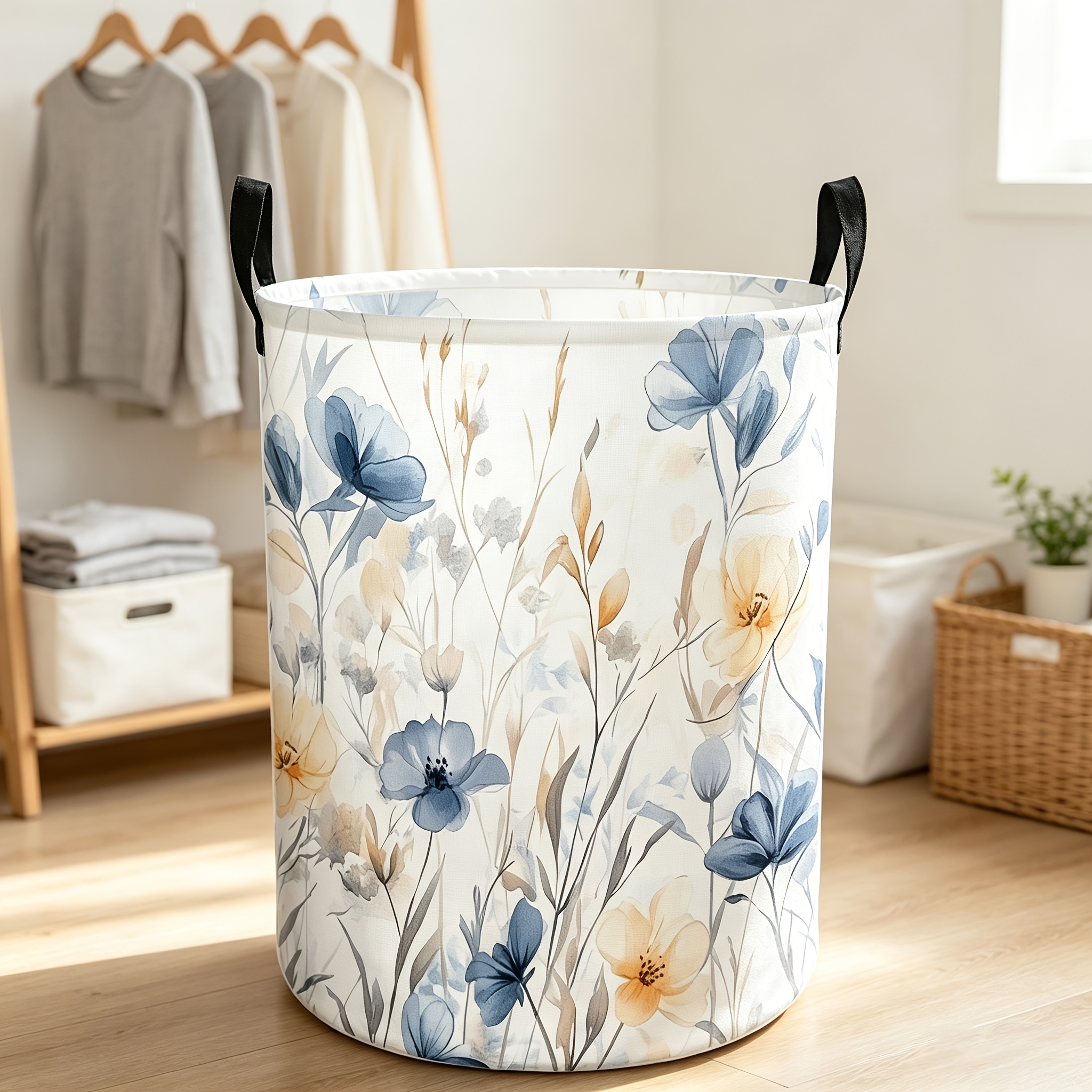 TEMU 1pc Watercolor Floral Pattern: Blue-yellow Flowers On White Background Storage Basket, Round Trash Can With Handle, Bedroom, Dormitory, Or Game