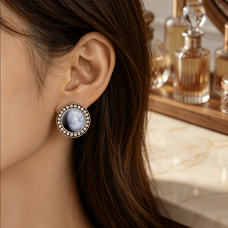 2pcs Translucent Glass-inlaid Stud Earrings, Gray Planetary Design