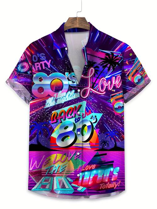 retro 80s hawaiian shirt for men and women vibrant graphic design short sleeve casual button shirt summer parties and outdoor events