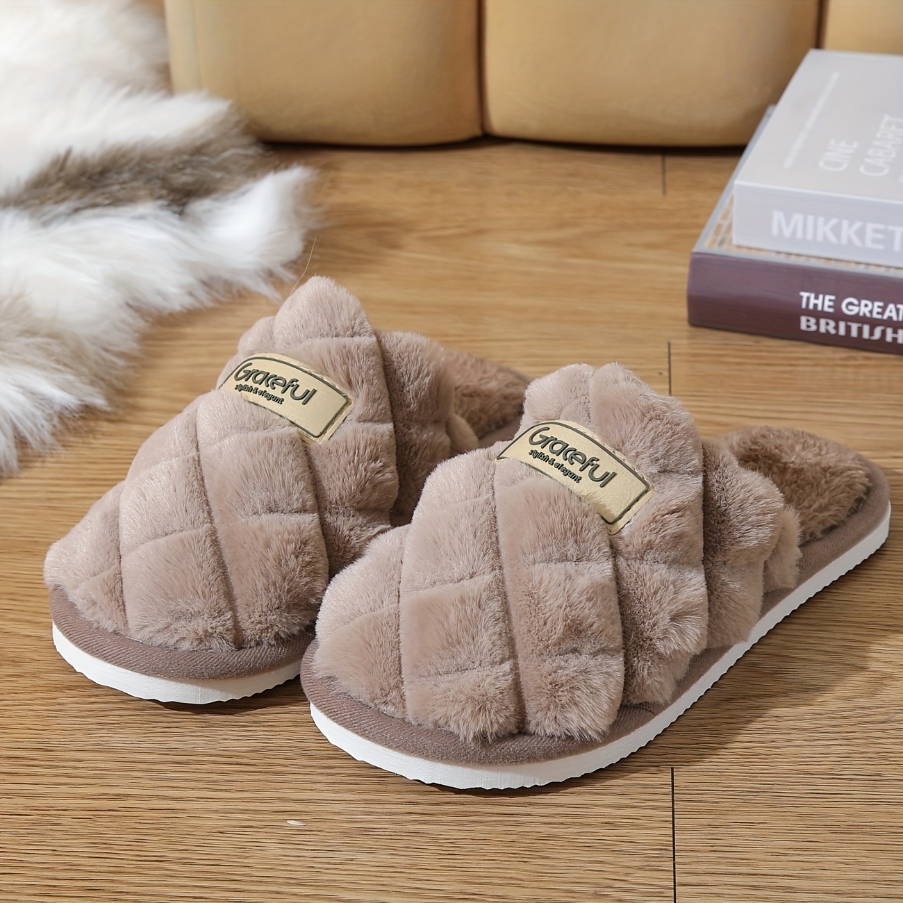 Image of Slippers For Women, Winter Plush Couple, Home Plush, Half-wheeled, Men And Women's Slippers, Women Shoes