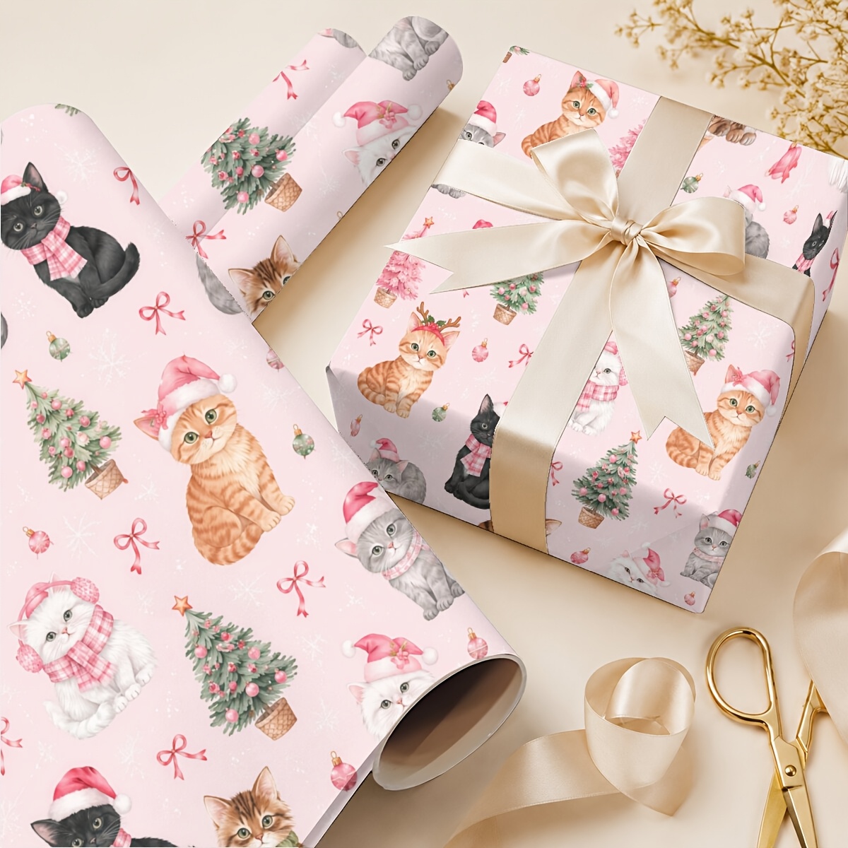 TEMU Rouleau de papier d'emballage 19.69In X 118.11In Motif de chats de Noël mignons Emballage cadeau pour la Saint-Valentin, les anniversaires, les