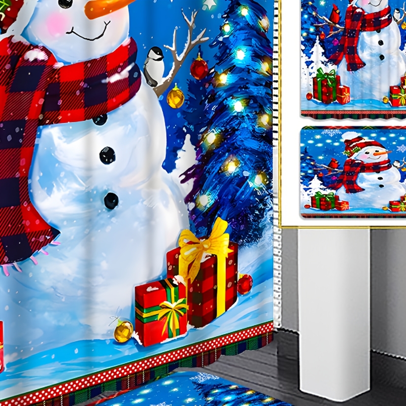 

4pcs Christmas Snowman Bathroom Set - Water-resistant Polyester Bath Ensemble With Artistic Winter Scene, Includes Non-slip Mats & Toilet Cover, Hook Accessories, , Decor