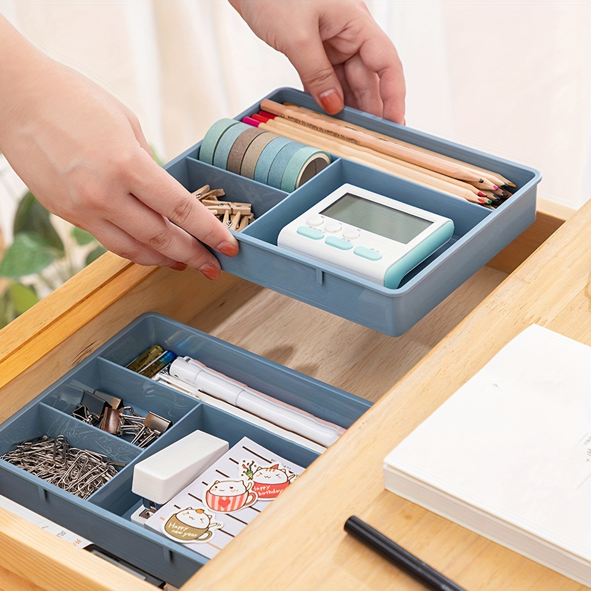

Modern Plastic Desk Organizer Tray With 4 Compartments, Stackable Drawer Storage Bin For Office Supplies And Accessories