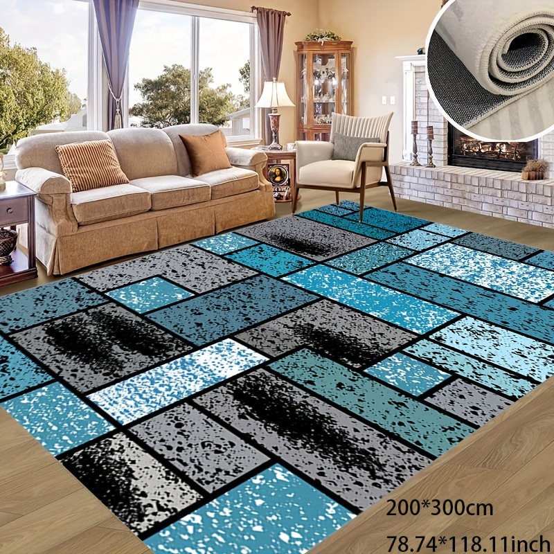 

Living Room Bedroom Faux Cashmere Area Rug Modern Blue Color Block Patchwork Pattern Carpet, Non-slip Soft Washable Office Carpet Home, Outdoor Carpet, Etc.; Indoor And Outdoor Can Be Used
