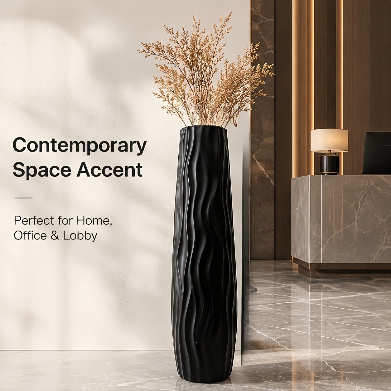 TEMU Modern Black Tall Floor Vase, Elegant Wavy Ripple Decorative Plastic Flower Pot, Lightweight Minimalist Aesthetic Vase For Office & Home Accent