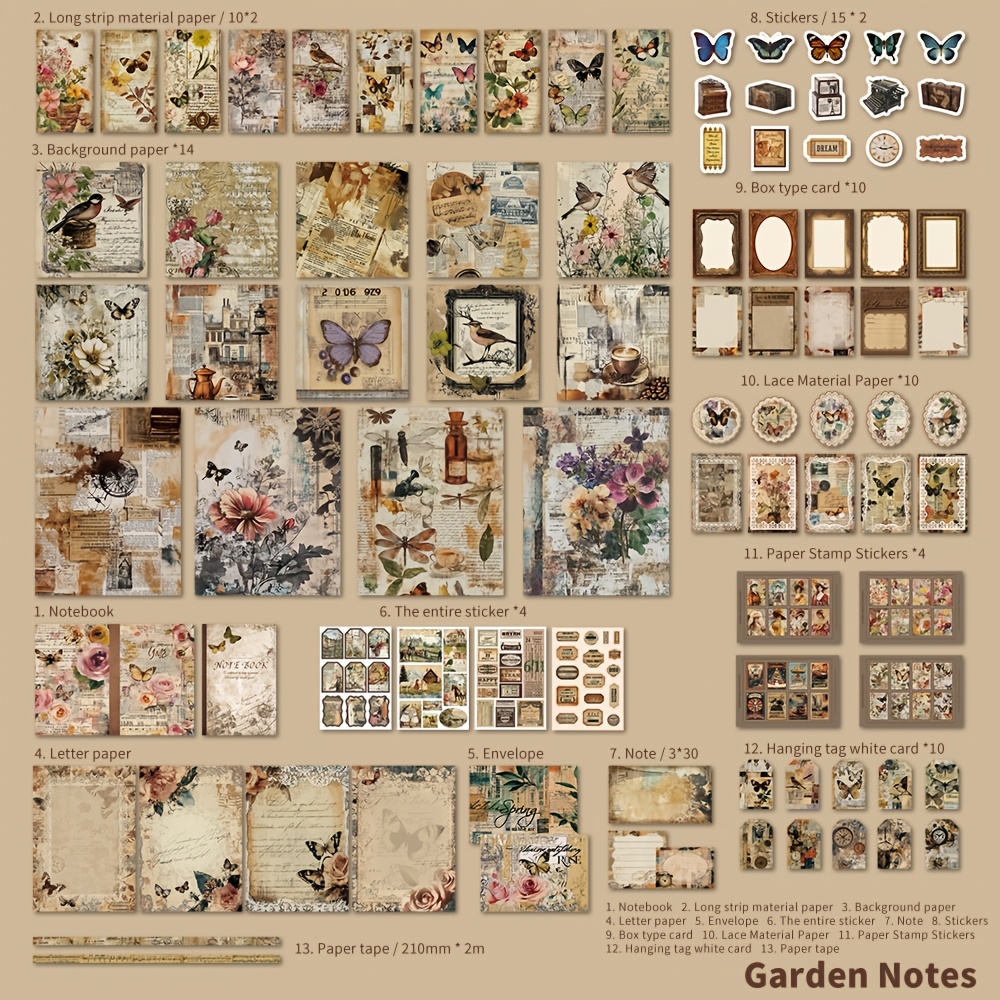 Image of 201pcs Vintage Paper Set, Aesthetic Junk Journal Kit With Grid Paper And Stickers, For Crafts Journal And Gift Card Making, Additions And Office Stationery