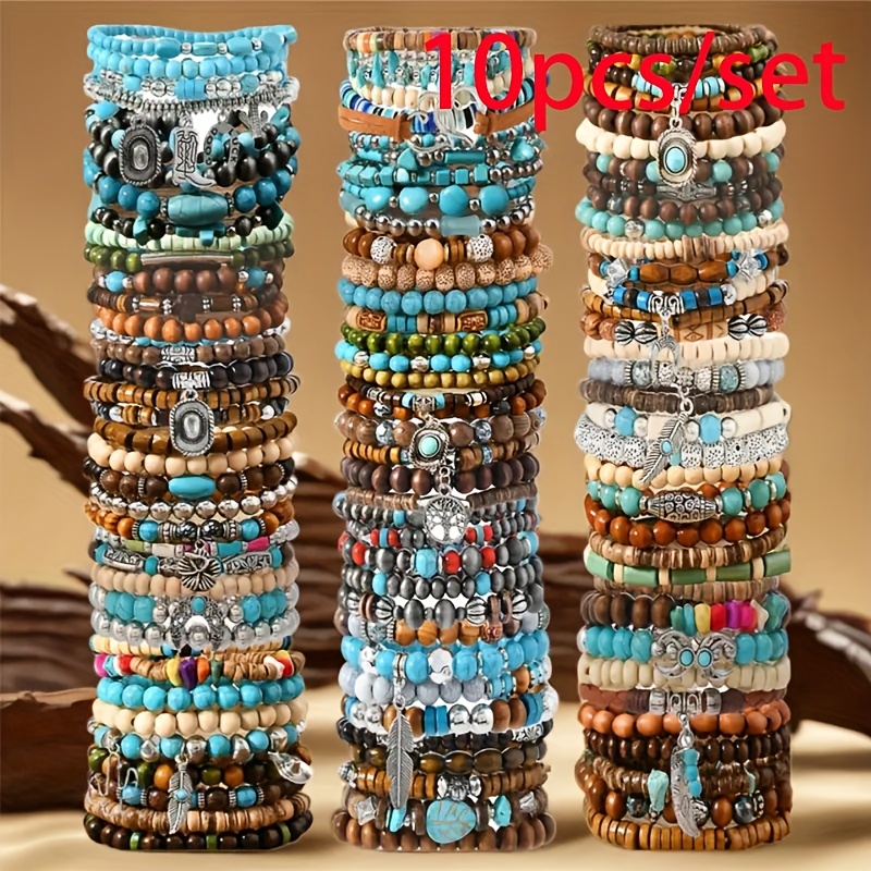 Image of 10/vintage Western Style Wooden Beaded Bracelet Set - Bracelet Leaf Charm Summer Casual Everyday Jewelry Ideal Holiday Gift, For Teenager