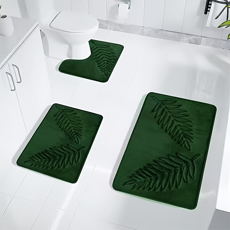 

3pcs Leaf Embossed Bathroom Mat Set - Ultra Absorbent, Fade-resistant Flannel Mats For Shower, Bathtub & Toilet, Bathroom Accessories