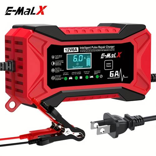 imagen del artículo carregador inteligente de batería 12v 6a con de reparación por y pantalla digital - multimodo para coche, motocicleta, cortacésped, enchufe us 110-240v, diseño compacto (batería no incluida), funcionalidad