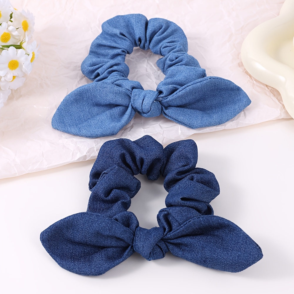 TEMU 2pcs Bow Scrunchies For Women Solid Color Jean Bowknot Elastic Hair Ties Fashion Hair Accessories For Daily Wear Casual Dress Up