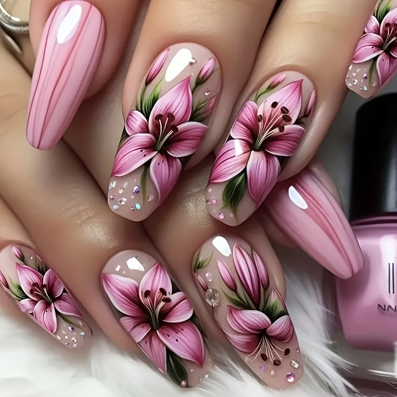 Star Wearable Nail 24pcs Wearable Medium-long Trapezoidal Floral Pattern Beauty Temperament Advanced Versatile Pure Fake Nail Extension Detachable Nail With Jelly Glue 1 Nail File 1
