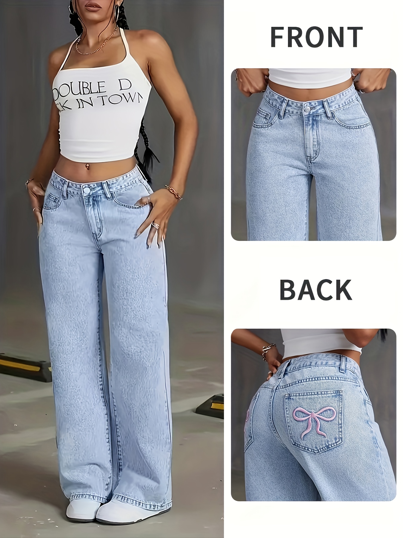 calças jeans jumbo de perna larga desbotadas     para mulheres - calça denim lavagem   com   em   e alcinha, cintura elástica    , legging tapered &   casual para toda a  , máquina washable (não limpar a  ) - kalções confortáveis duradouros femininos compridos na   mas nunca muito curtos ou   de mais. design elegante e confortavel 0