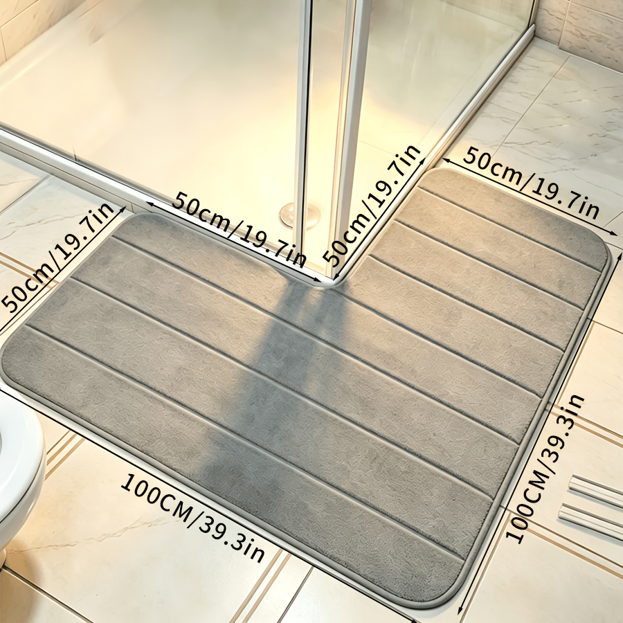 TEMU L-shaped Luxury Striped Coral Memory Foam Bath Mat, Horizontal Stripe Right-angle Floor Mat, Corner Mat, Quick Water Absorption, Washable,