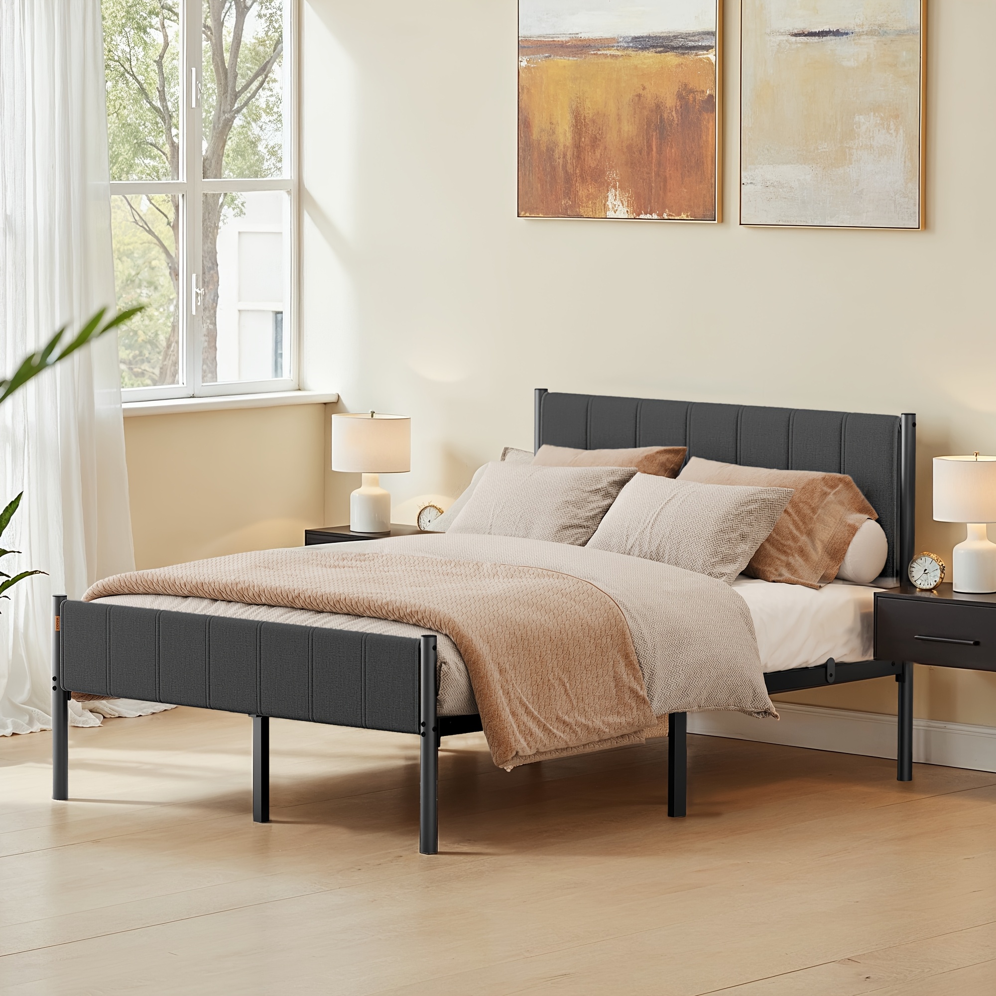 Double Bed, Bed Frame, 140 X 200cm, With Upholstered Headboard, Bed Frame, Steel, Supports Up To 500kg