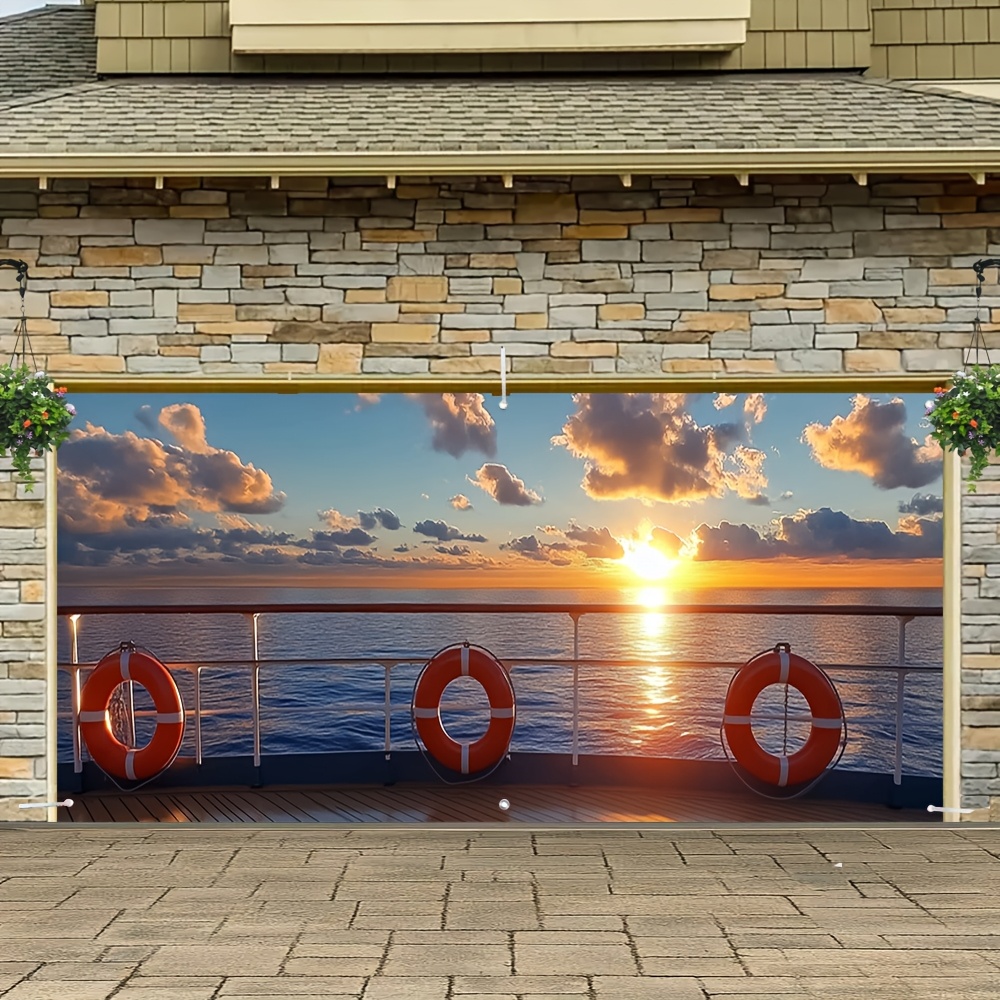 

2d Door Banner, Vibrant Summer Cruise Ship & Ocean Sunset Garage Door Cover - Seasonal Events, Family Gatherings & Outdoor Celebrations