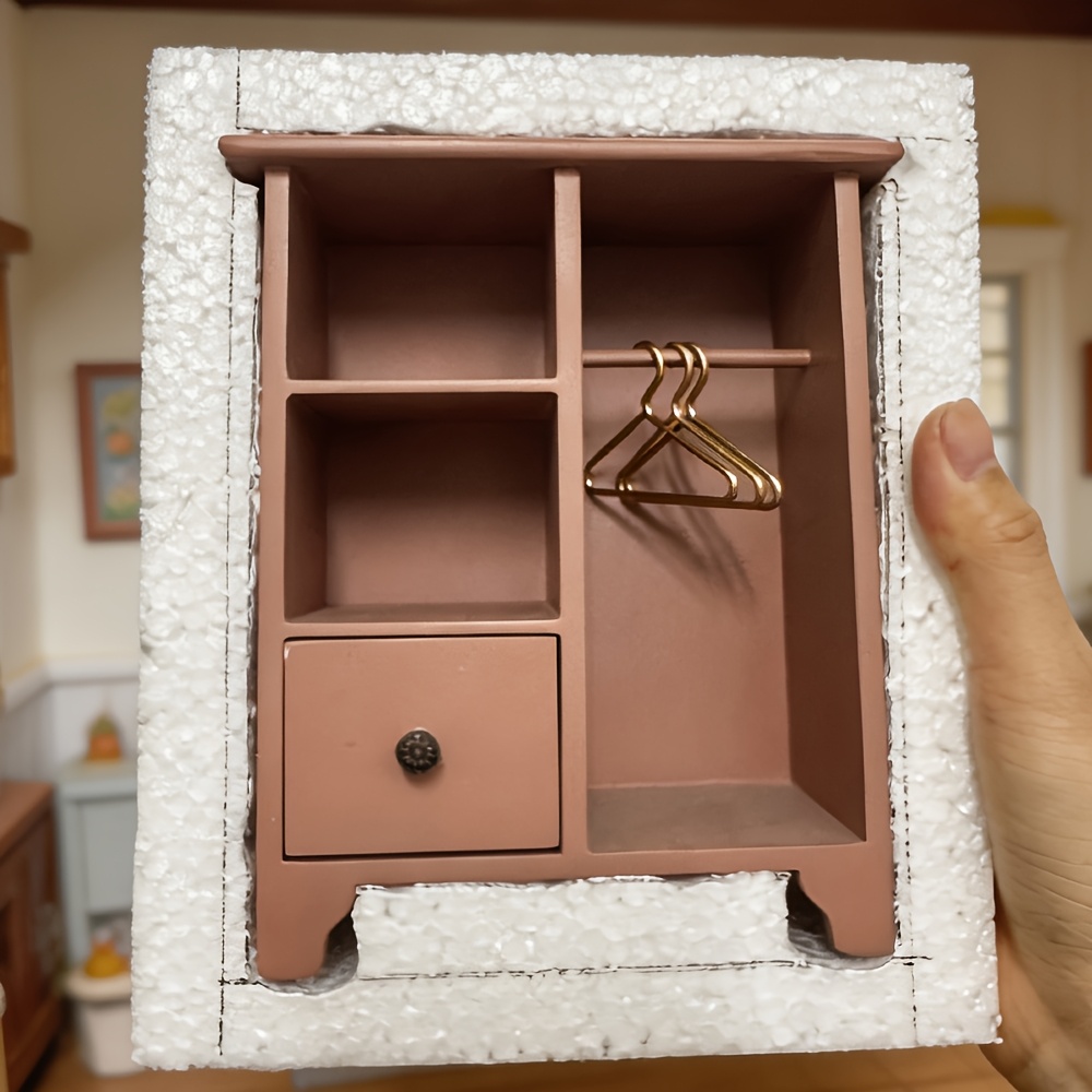 TEMU Dollhouse Mini Wooden Wardrobe With Hangers - 1:8 Scale Miniature Scene Furniture Accessory, Bjd Doll Decoration Furniture, For Micro Landscape